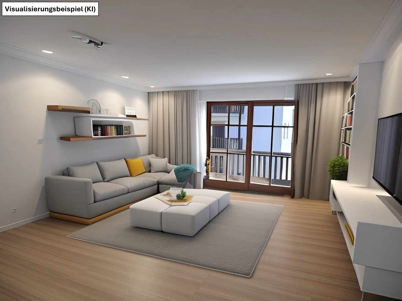 KI-generierte Möblierungsvisualisierung des Wohnzimmers der verkauften 3-Zimmer-Wohnung in Pfarrkirchen